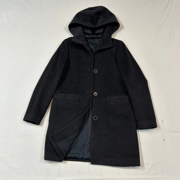 S) 띠어리 하이넥 후드 코트 블랙 울 캐시미어 앙고라