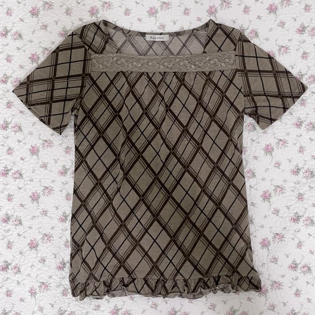 빈티지 체크 브라운 탑 /프릴 레이스 티셔츠 모리걸