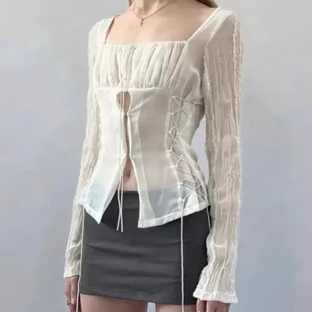 본네 레이스업 쉬폰 블라우스