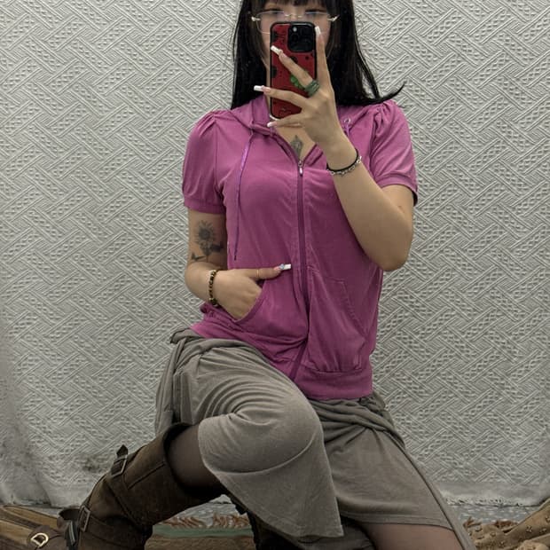 Y2K 레트로 키치 갸루 딥퍼플 포도맛 반팔 후드집업 K0524