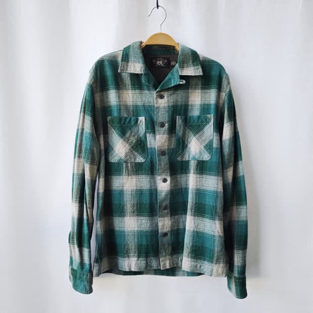더블알엘 RRL 랄프로렌 플란넬 플래드 오픈카라 셔츠 그린 XS