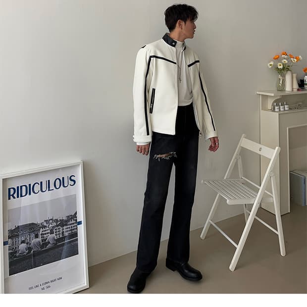 빈티지 화이트 레더 자켓 M 