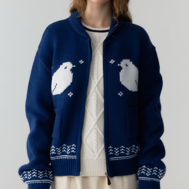 (카리나 착용)드파운드 자카드 헤비 니트 집업 자켓