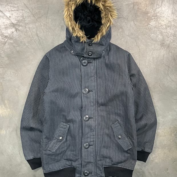빈티지 스트라이프 퍼 후드 자켓