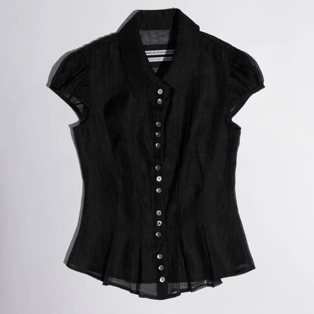 스컬프터 블라우스 Sheer Pleated Hem Blouse Black