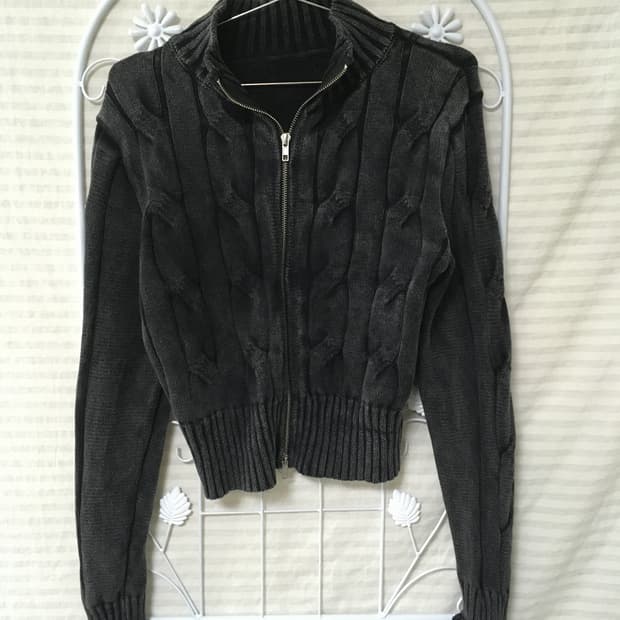 빈티지 차콜 꽈배기 니트 크롭 집업 y2k 스트릿 갸루 펑키 일본빈티지