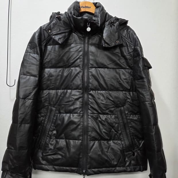 블랙 가죽 덕다운 패딩 점퍼 후드 탈부착