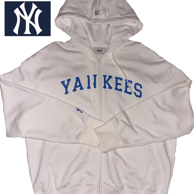 MLB 2way 지퍼 바시티 그래픽 오버핏 화이트 블루 후드 집업 y2k