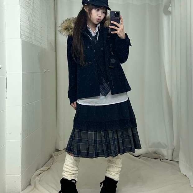 네이비 니혼진 프레피 떡볶이 코트 코디세트