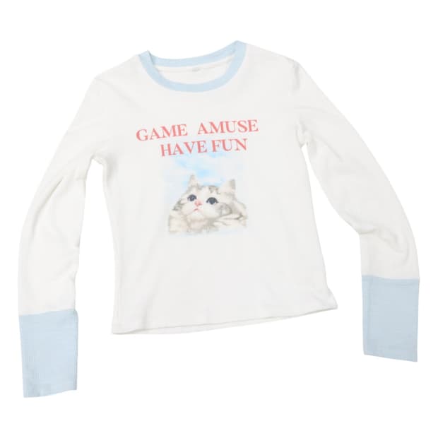 빈티지 캣 프린팅 배색 와플 긴팔 티셔츠 (M)