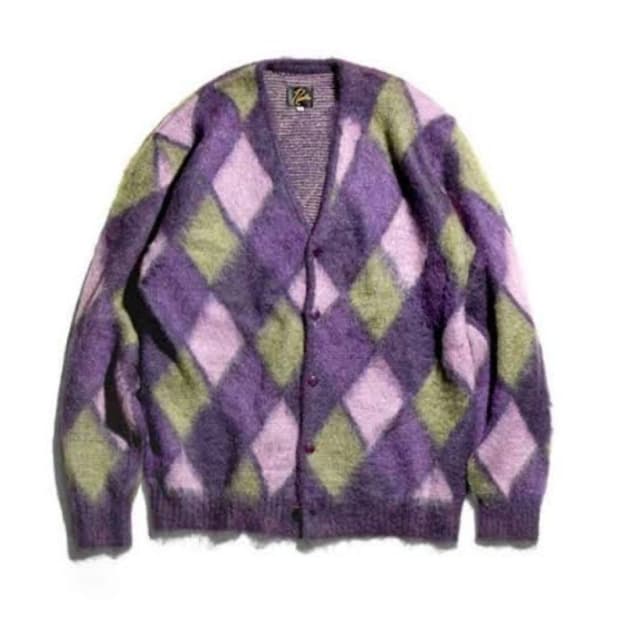 니들스 모헤어 아가일 가디건 퍼플 S
