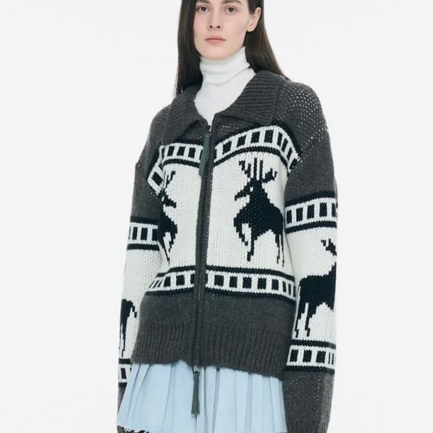 파르티멘토 우먼 코위찬 니트 집업 가디건_차콜 그레이