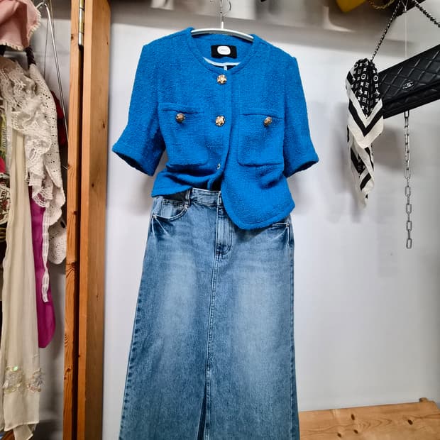 듀엘 여름 반팔 트위드자켓. 보브 데님스커트