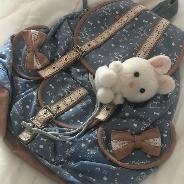 모리걸 y2k 고양이 패턴 가방 리본 백팩 하늘색 빈티지 일본 헤이세이