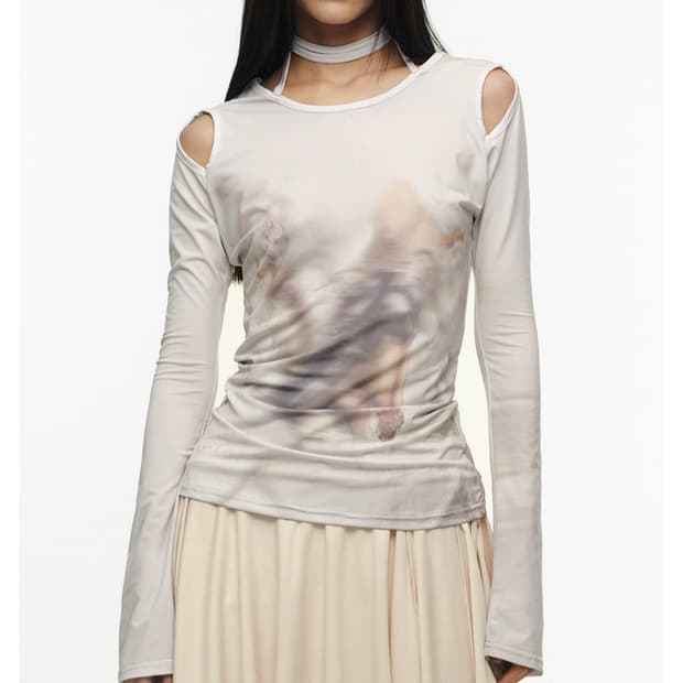 CUT-OUT SLIM FIT LONG SLEEVE CREAM