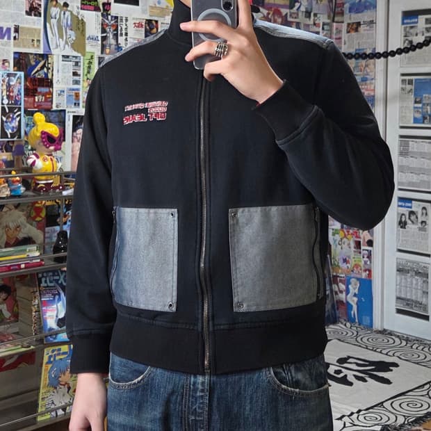 빈티지 실버 배색 자수 블랙 코튼 집업