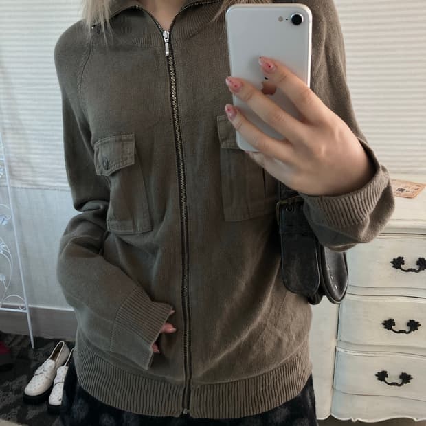 jpn vintage y2k 카키 포켓 니트 집업 