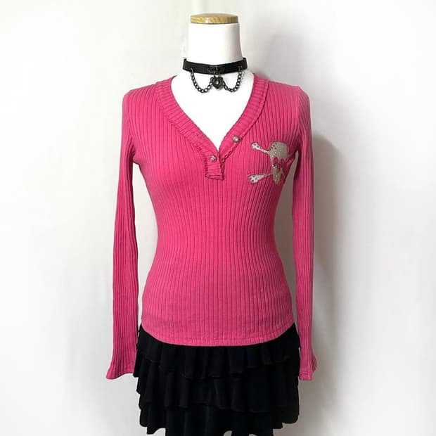 핑크 골지 갸루 펑크 니트