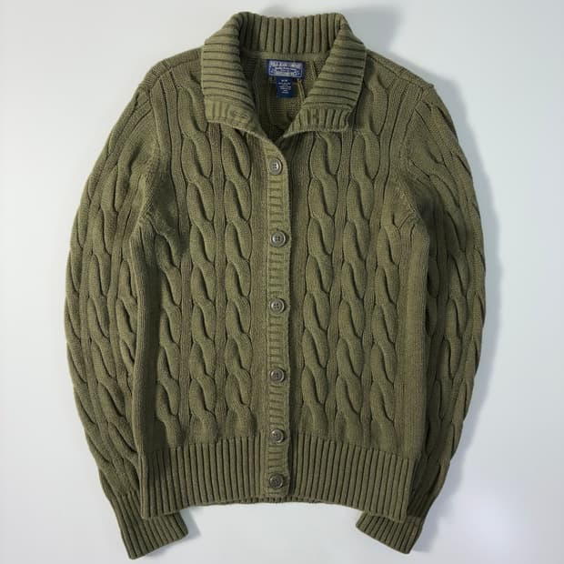Polo Jeans 폴로 진스라인 코튼 케이블 카키그린 꽈배기 니트가디건