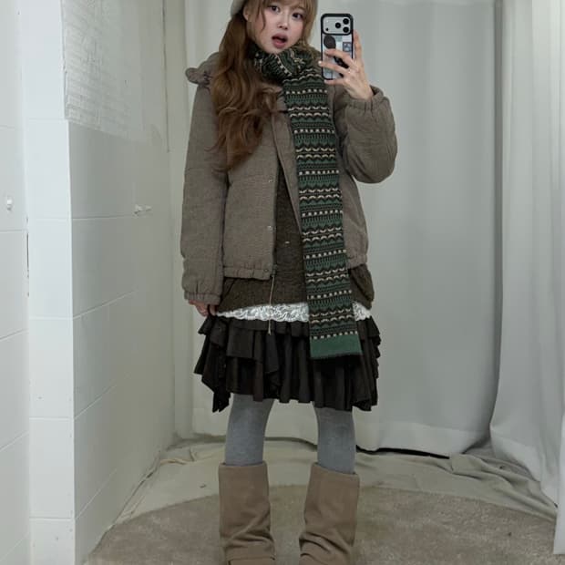 뮤트브라운 곰돌이 모리걸 하구미 패딩 코디세트