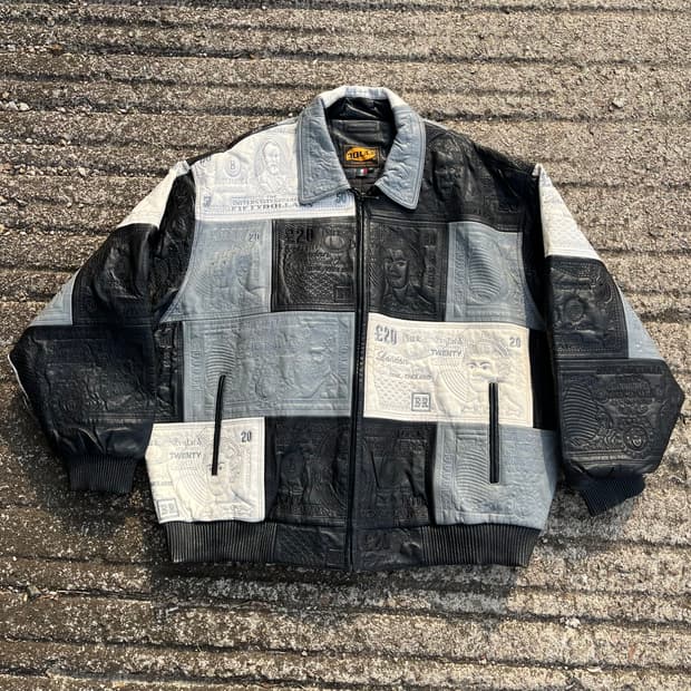 [4XL] Douce 지폐 자수 패턴 램스킨 자켓