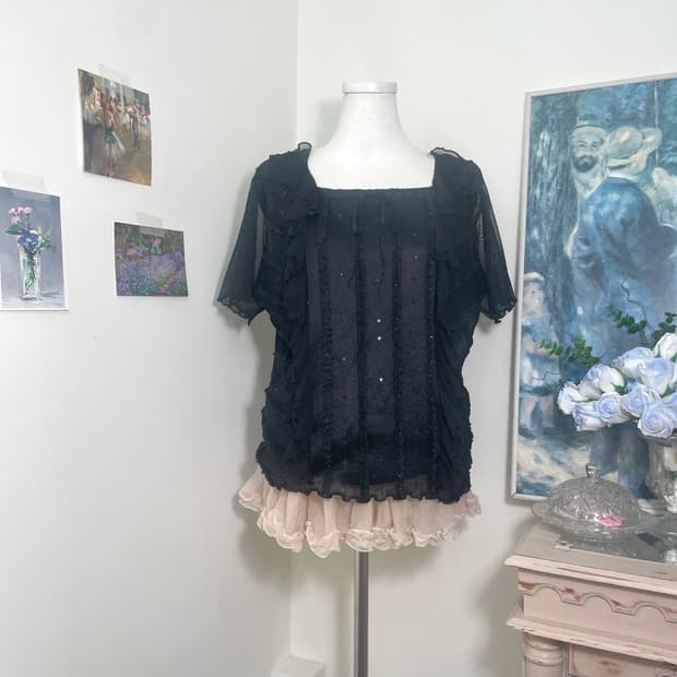 black ruffle bow half top