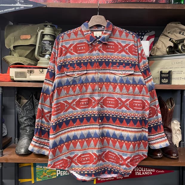 80s 익스프레스 라이더 블랭킷 나바호 패턴 포켓 플란넬 셔츠 N208