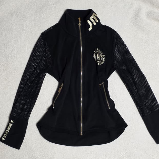 블랙 메쉬 소매 집업 자켓 펑크 시스루 고스 금장레터링 큐빅