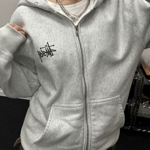 스투시 스탁 빅로고 그레이 후드집업