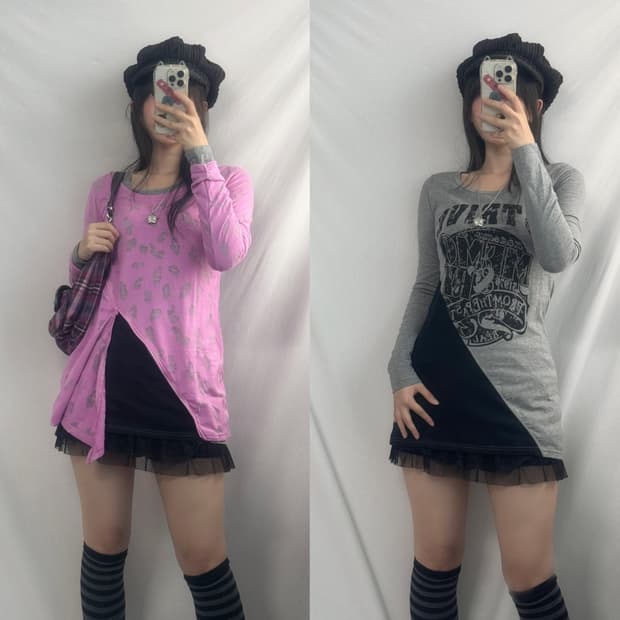 (미사용)레오파드 패턴 / 레터링 프린티드 2pcs 레이어드 세트