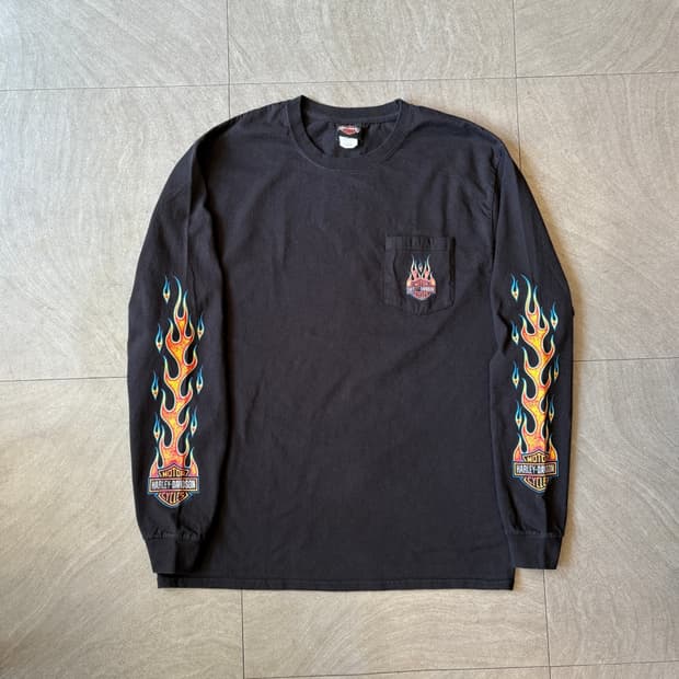 할리데이비슨 정품 블랙 긴팔 플레임 티셔츠 롱슬리브