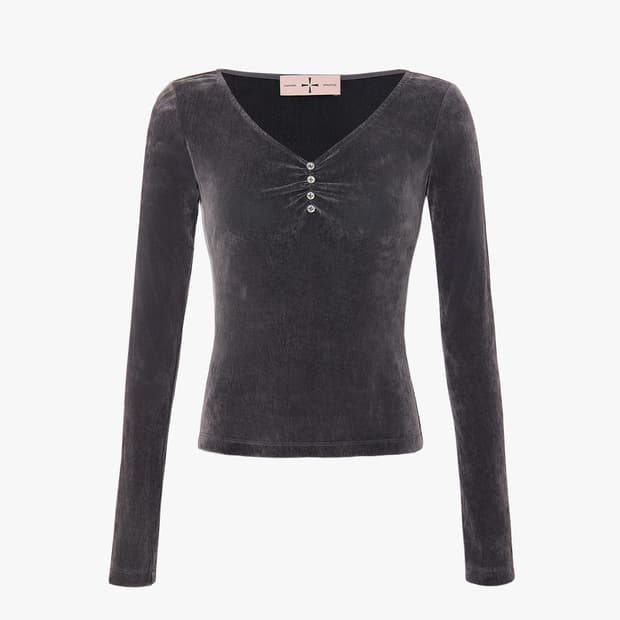 카하라 벨벳 브이넥 탑 차콜 그레이
