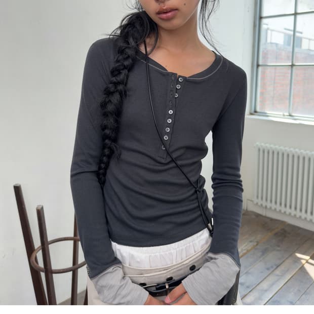 포르테나 롱슬리브 판매 긴팔 티셔츠 믹스 버튼 포인트 차콜