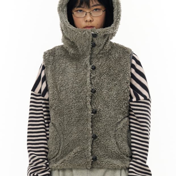 파히섬 Fluffy Hooded Vest_Grey