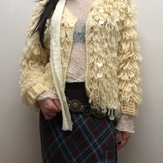 빈티지 아이보리 스팽글 퍼 자켓