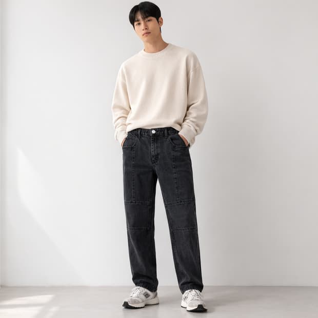 솔리드 옴므 절개 라인 워싱 데님 팬츠