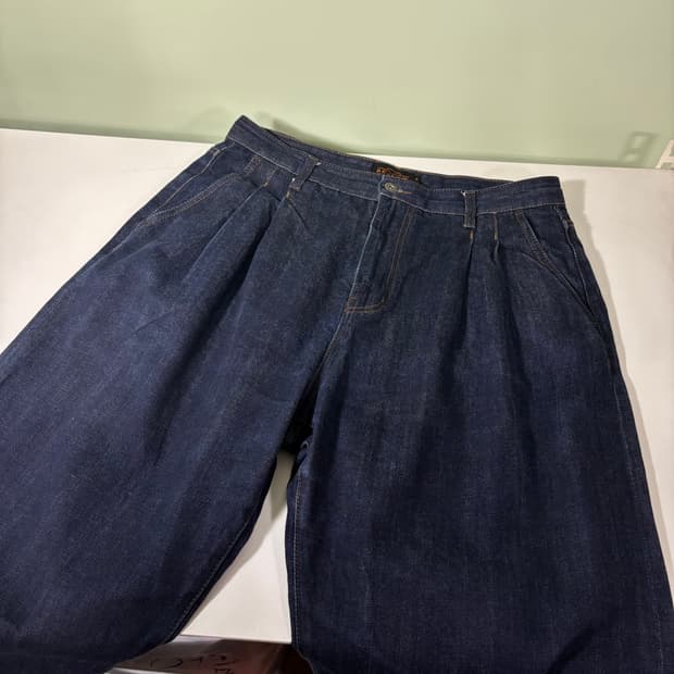 34 비슬로우 인디고 와이드핏 투턱 셀비지 데님팬츠