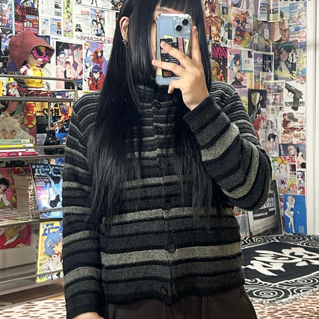 JPN 모리걸 그레이 스트라이프 니트 가디건