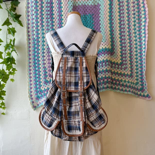 빈티지 모리걸 체크 가죽 백팩