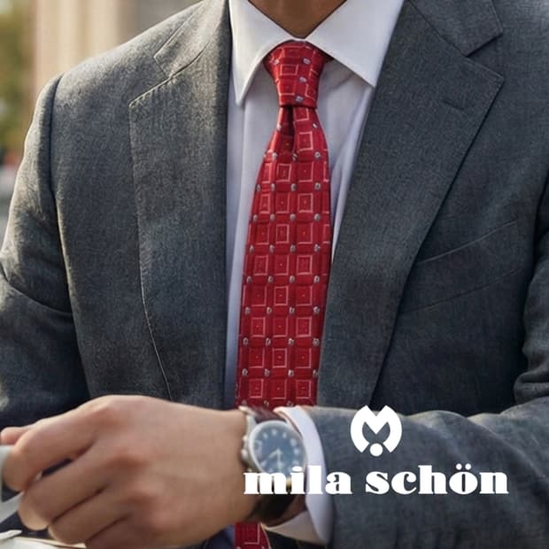 밀라숀 실크 레드 기하 패턴 넥타이 9.4cm A등급 A19300
