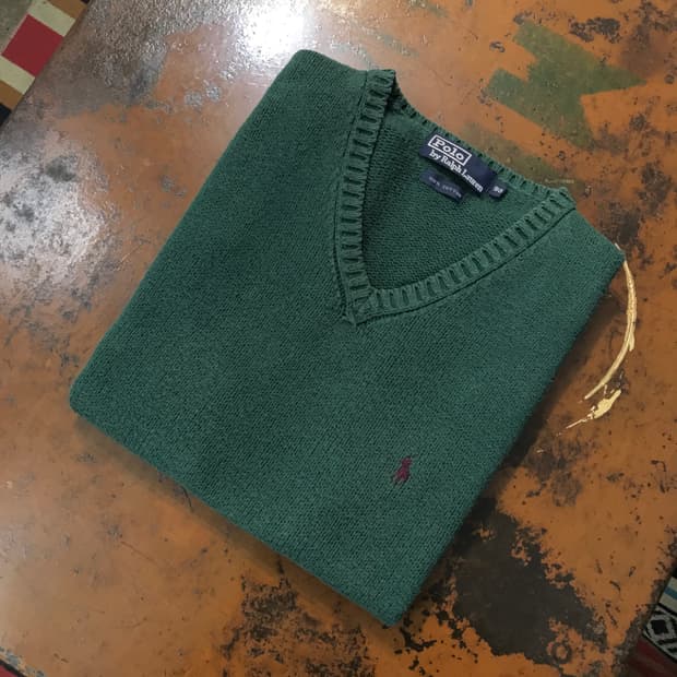 폴로랄프로렌 에이징 그린 코튼 브이넥  니트 조끼 여성 55 사이즈