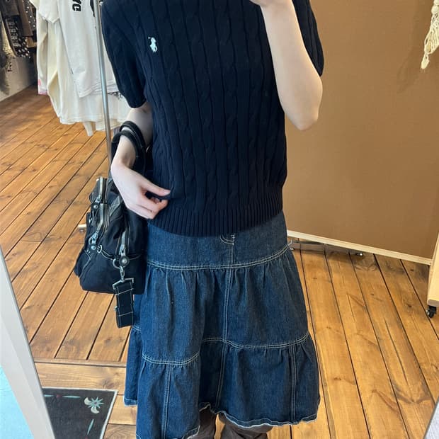 폴로 블랙 꽈배기 반팔 니트