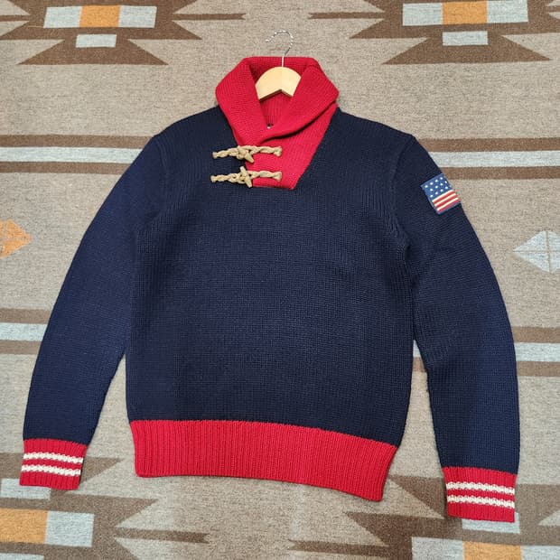 폴로랄프로렌 메리노울 성조기 숄카라 니트 L 피셔맨