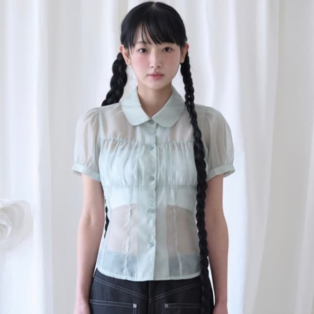 SHIRRING SHEER BLOUSE PISTACHIO