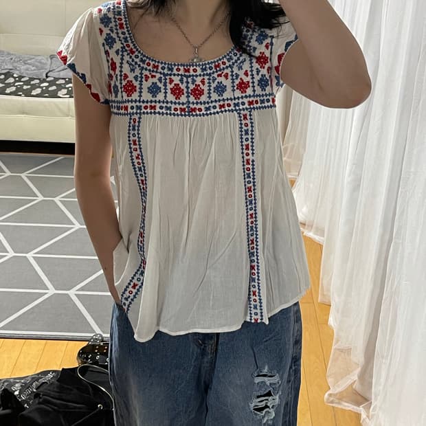 빈티지 모리 하구미 여름 청량룩 자수 반팔 청바지 세트