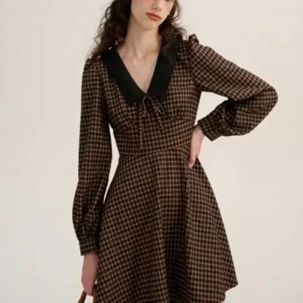 S사이즈)신스덴 쿠키 체크 미니 원피스 카라리본원피스 프렌치스타일원피스