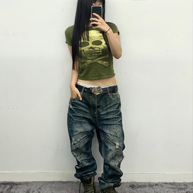 Rasta 스컬 올리브 딱붙핏 반팔