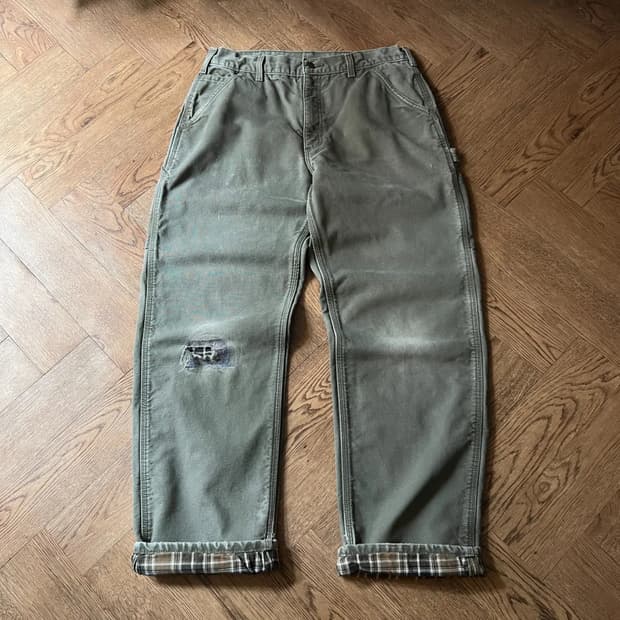 [34]칼하트 USA 체크라이닝 데미지드 모스그린 싱글니 카펜터 워크팬츠