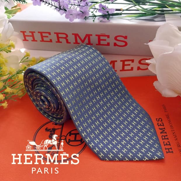 에르메스 실크 네이비&라임 H 자카드 넥타이 8cm A등급 K1370
