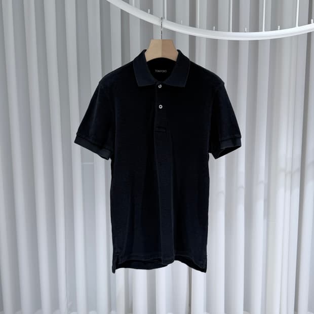 (A+/48) / 톰포드 타월링 테리 코튼 폴로 카라 반팔 티셔츠 블랙
